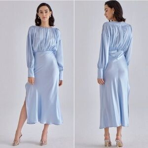 Silk Maison Lavender Fields Maxi Silk Dress in Baby Blue long sleeve boat neck